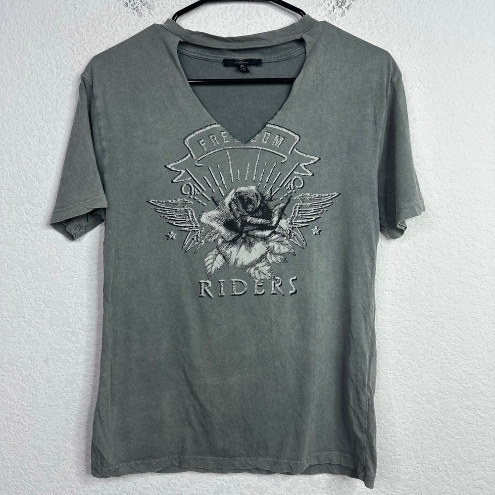 Mavi‎ T-Shirt Womens XS Gray Graphic Moto Grunge Casual Rose Freedom Riders